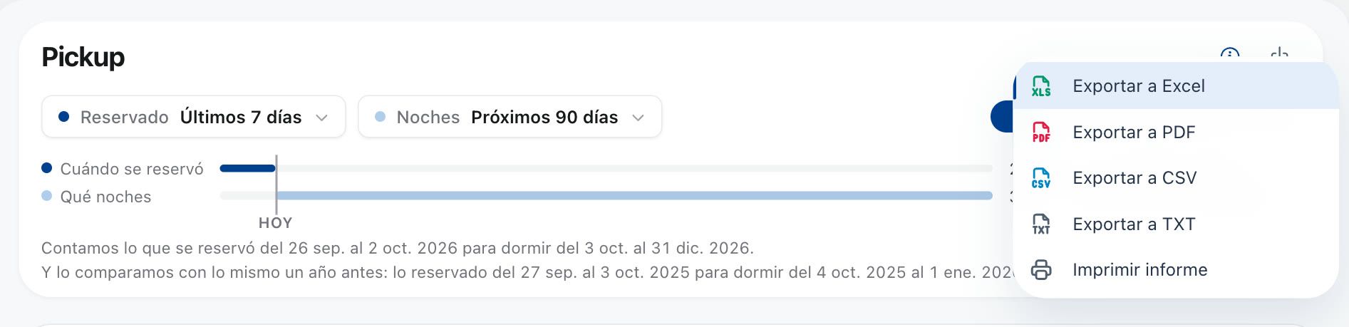 Menú de exportar: Excel, PDF, CSV, TXT e imprimir