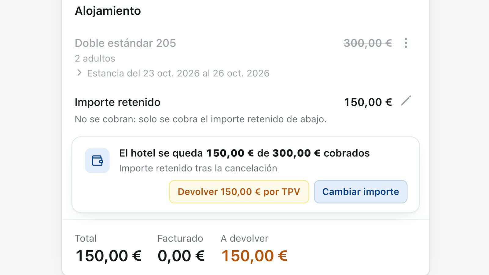 La cuenta de la reserva: el hotel se queda 150,00 euros de 300,00 cobrados, con Devolver por TPV y A devolver 150,00 euros
