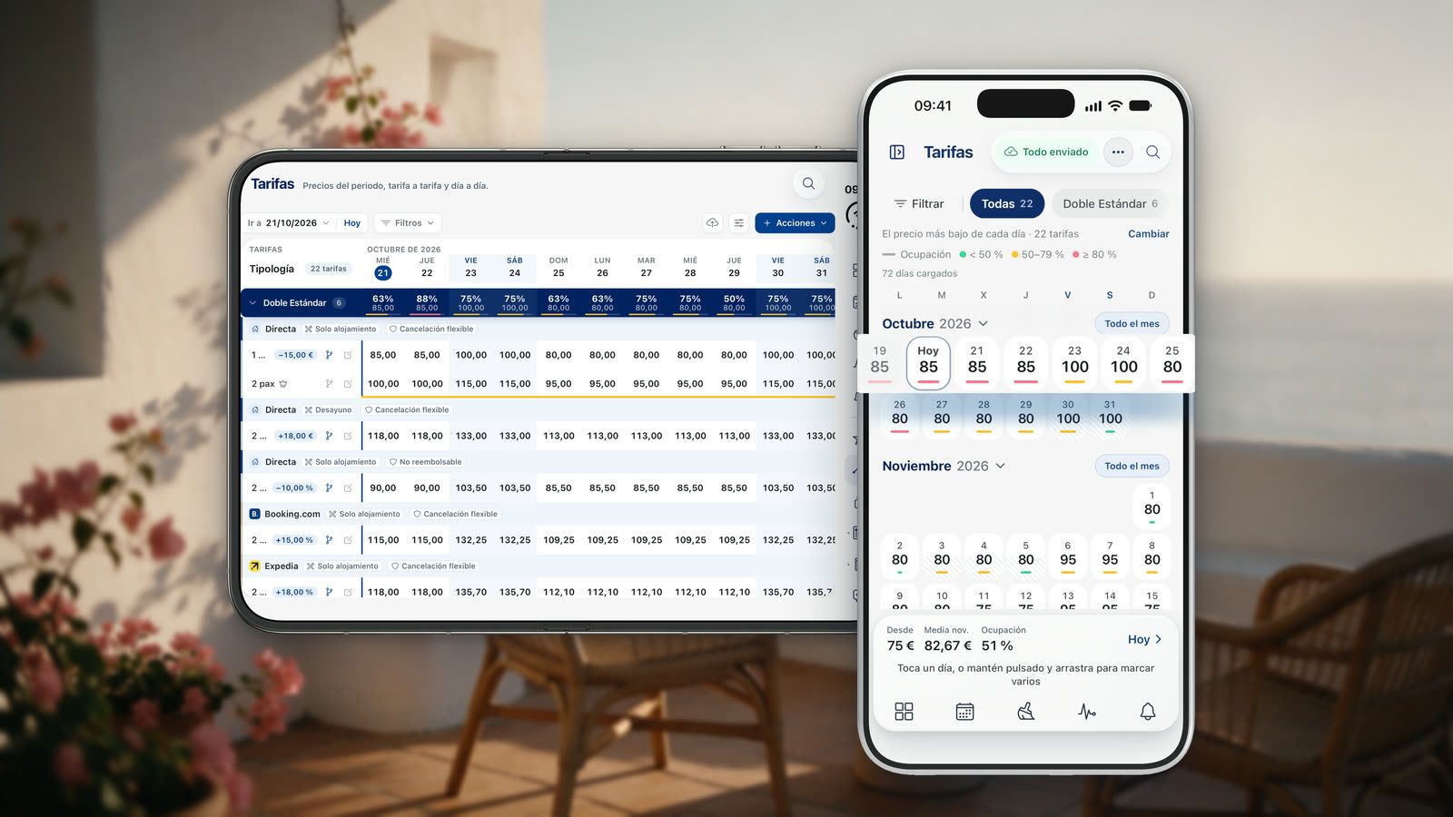 Tarifas en el iPhone, con los meses seguidos, el precio más bajo de cada día y la raya de ocupación, junto a la rejilla completa de tarifas en el iPhone Duo abierto