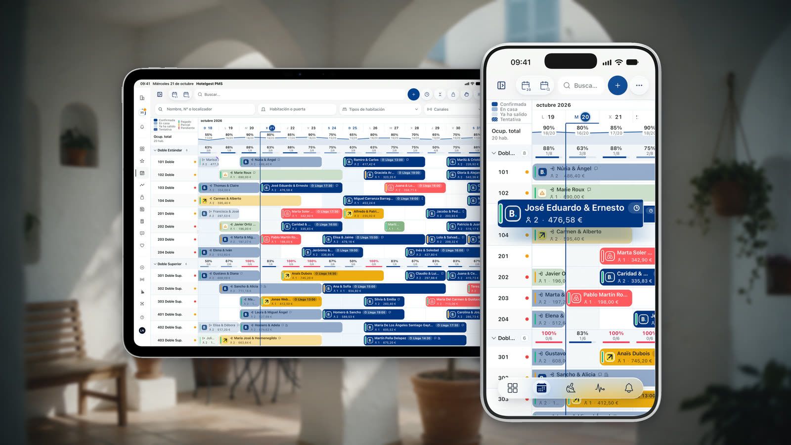 El planning en el iPad y en el iPhone, con las reservas de cada habitación y la ocupación de cada día